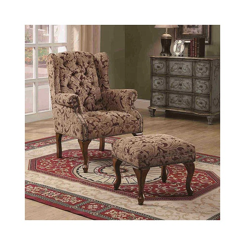 Fashion design relaxing chair with ottoman sitting room chair with nails fabric accent chair with foot leisure ottoman