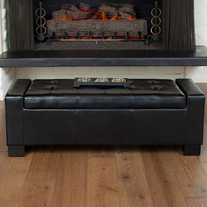 White leather high quality living room home furniture with beautiful pull buckle design wooden large storage ottoman
