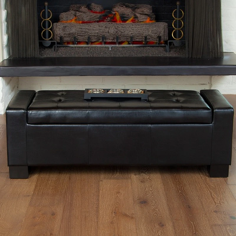 White leather high quality living room home furniture with beautiful pull buckle design wooden large storage ottoman