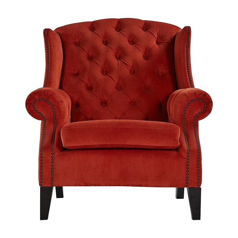 New Model Red Linen High Back Sofa Chair With Buttons For Living Room