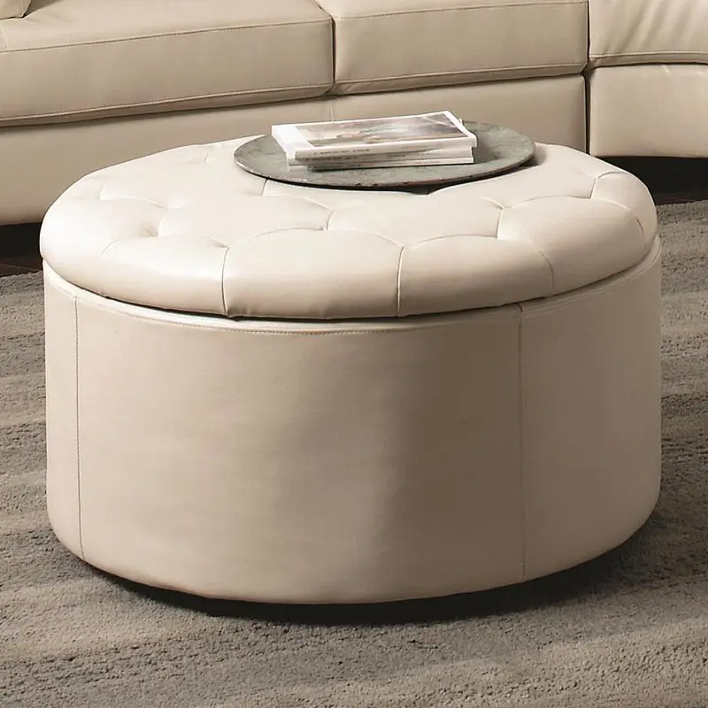 Modern beige small round with beautiful buckle design living room leather storage ottoman