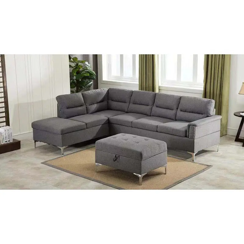 Quality living room furniture gray comfortable linen comfort sponge with chaise longue small sectional sofa