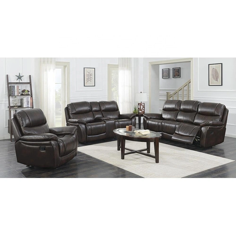 High quality black breathable leather with contrast color line design comfortable multifunctional living room recliner sofa set