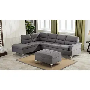 Modern anti-color check line design soft health sponge cushion large double seat + chaise longue storage sofa