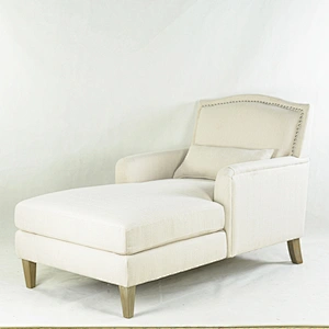 White soft linen with low armrest backrest simple wooden belt pillow living room single bench chair