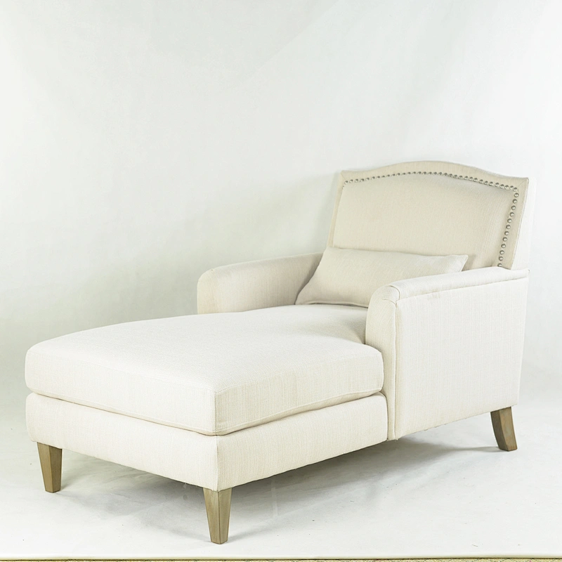White soft linen with low armrest backrest simple wooden belt pillow living room single bench chair