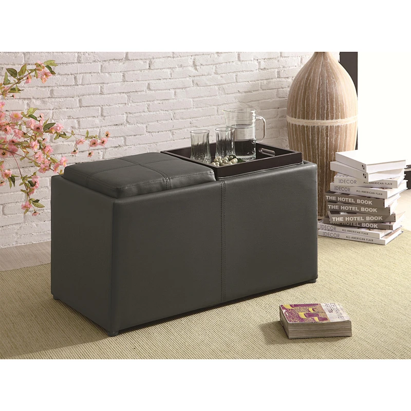 Square black leather high quality living room home furniture wooden large storage coffee table Ottoman