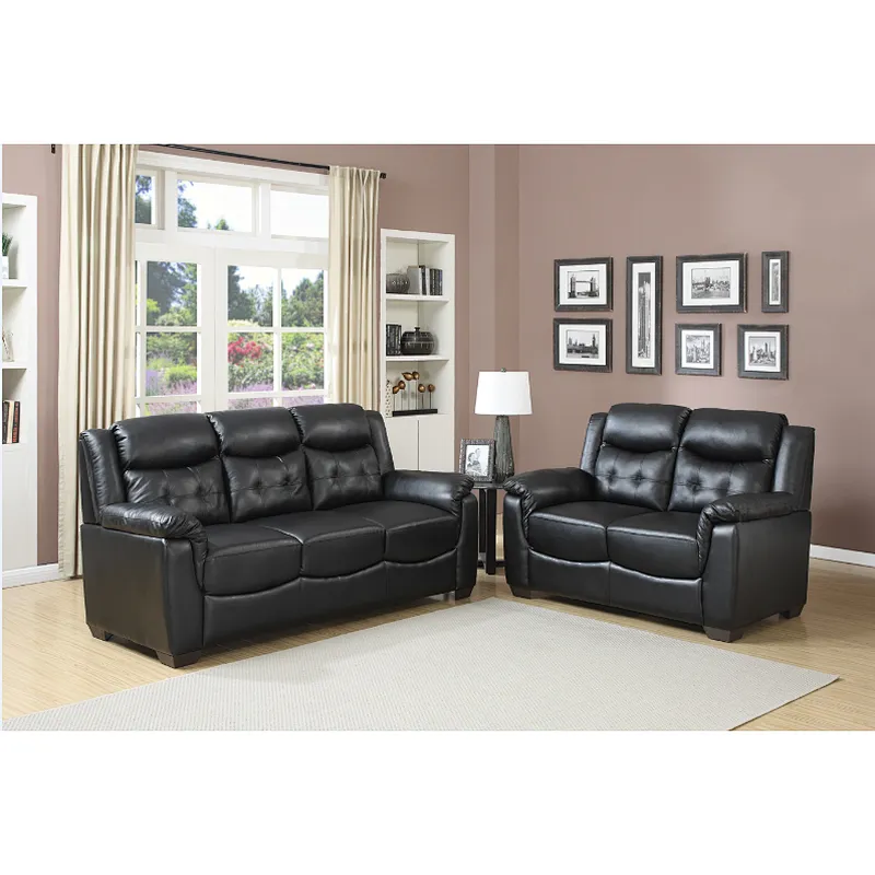 Black leather European modern beautiful buckle design healthy sponge quality living room 3+2 sofa set