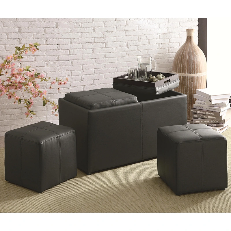 Square black leather high quality living room home furniture wooden large storage coffee table Ottoman