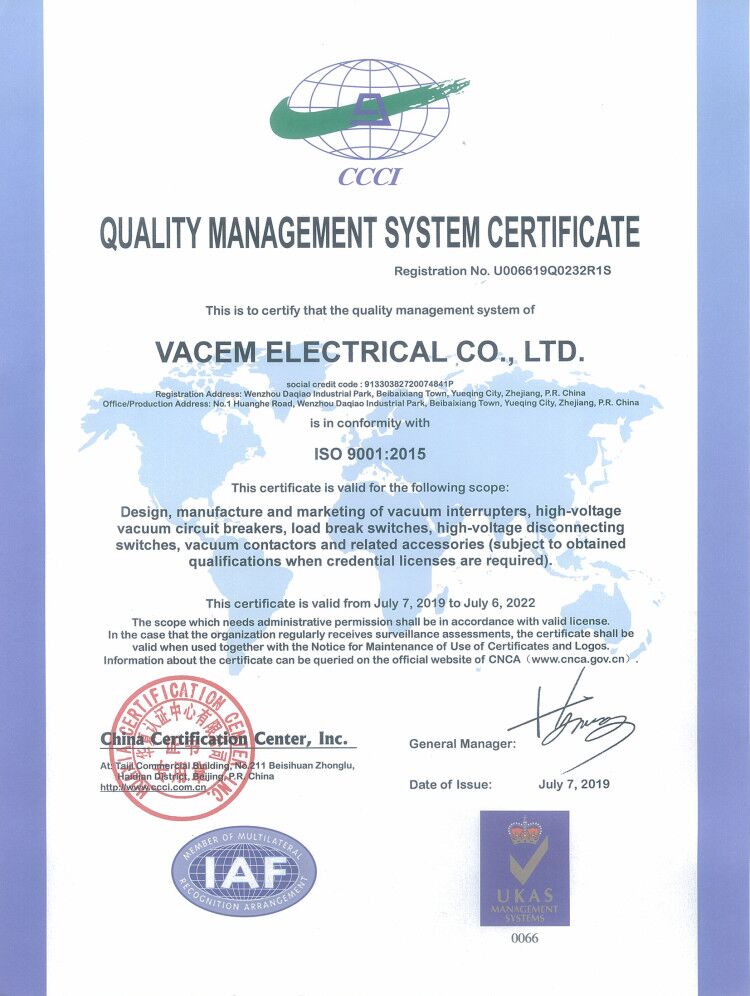 VACEM quality management system certificate