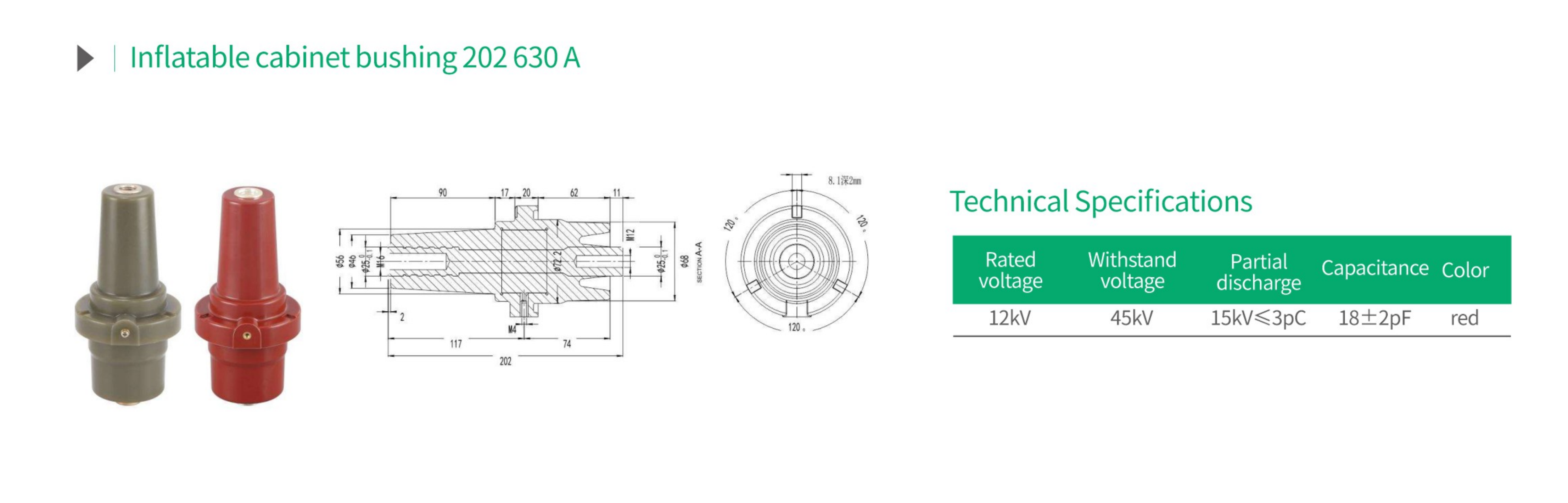 Inflatable cabinet bushing 202 630A technical specification chart with 12kV rated voltage, 45kV withstand voltage, 15kV≤3pC partial discharge, 18±2pF capacitance and red insulation color for GIS switchgear and gas-insulated cabinet connection