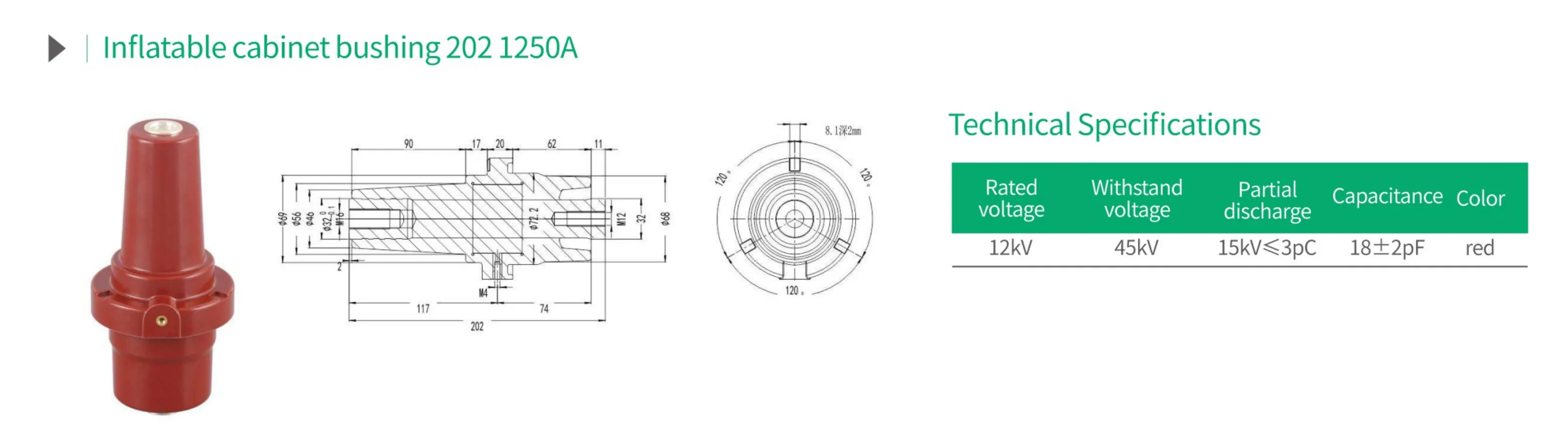Inflatable cabinet bushing 202 1250A technical specification chart with 12kV rated voltage, 45kV withstand voltage, 15kV≤3pC partial discharge, 18±2pF capacitance and red insulation color for GIS switchgear and gas-insulated power distribution system connection