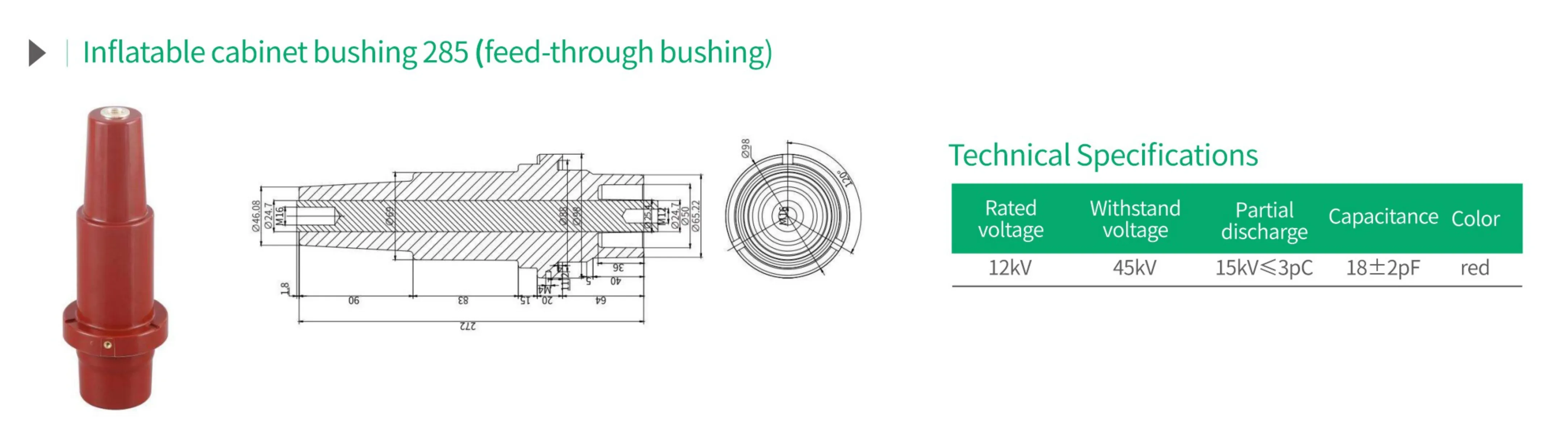 Inflatable cabinet bushing 285 feed-through bushing technical specification chart with 12kV rated voltage, 45kV withstand voltage, 15kV≤3pC partial discharge, 18±2pF capacitance and red insulation color for GIS switchgear and gas-insulated power distribution system connection