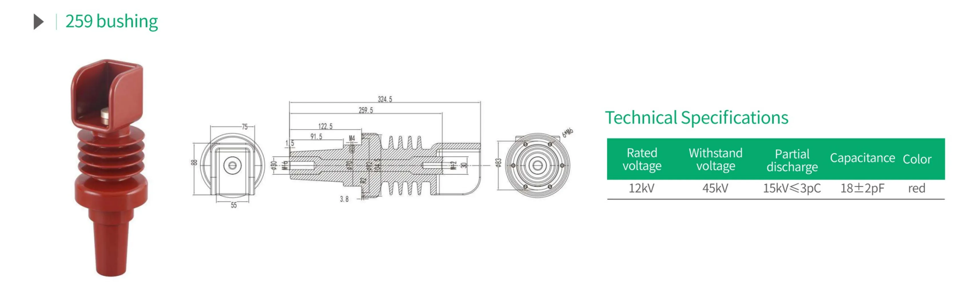 259 bushing technical specification chart with rated voltage 12kV withstand voltage 45kV partial discharge 15kV≤3pC capacitance 18±2pF and red color for GIS cabinet and switchgear connection