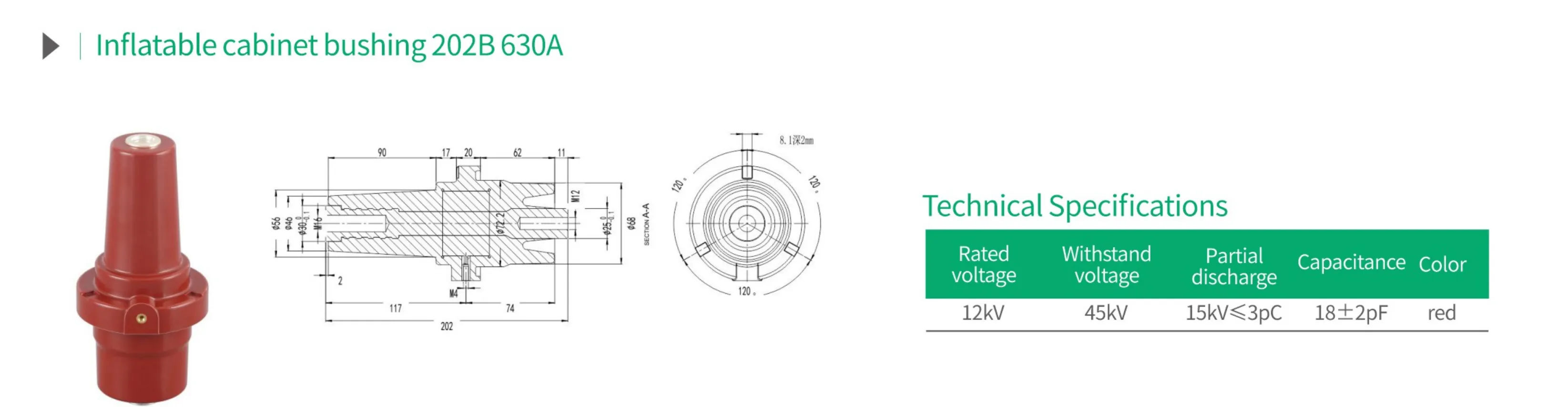 Inflatable cabinet bushing 202B 630A technical specification chart with 12kV rated voltage, 45kV withstand voltage, 15kV≤3pC partial discharge, 18±2pF capacitance and red insulation color for GIS switchgear and gas-insulated power distribution system connection