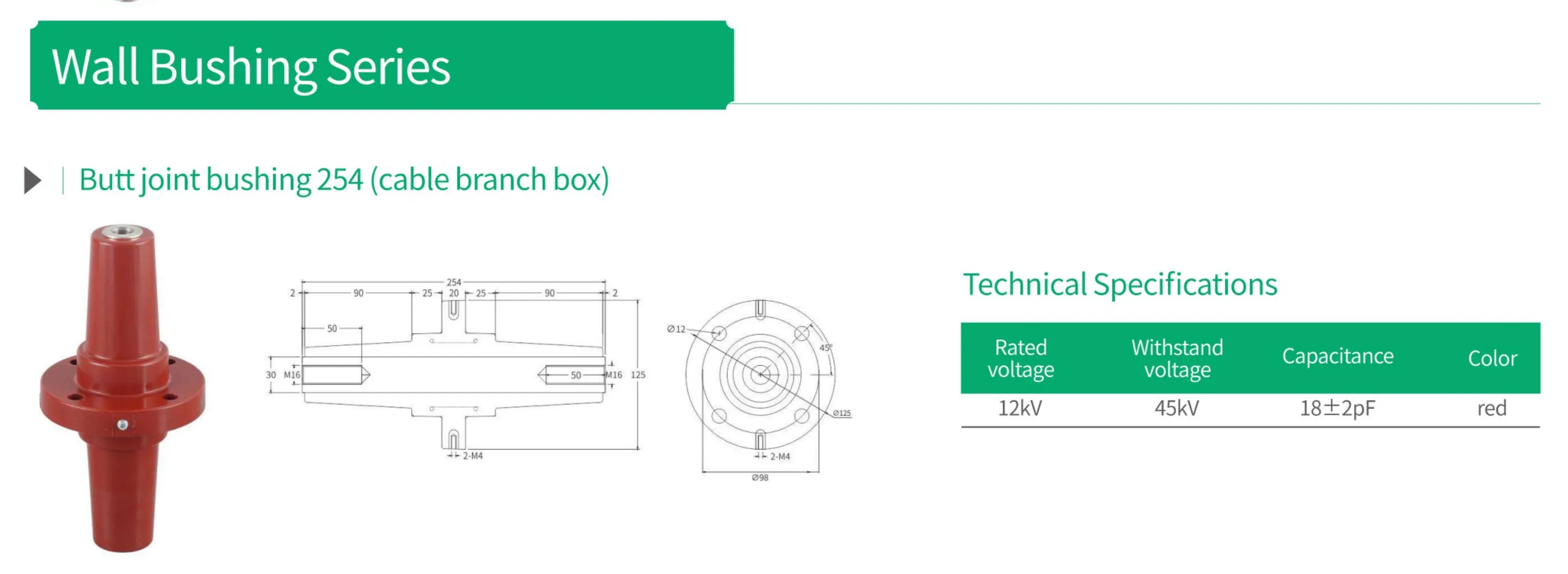 Wall bushing 254 butt joint bushing for cable branch box technical specification and dimensional drawing with 12kV rated voltage, 45kV withstand voltage, 18±2pF capacitance, red insulation color and mounting measurements 254mm 90mm 25mm 20mm 50mm 16mm 125mm Ø98mm Ø12mm for power distribution system connection
