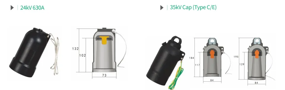24kV 630A insulating cap and 35kV Type C/E insulating cap dimensional drawing with mounting measurements 132mm 102mm 73mm 184mm and 117mm 84mm 195mm 129mm 84mm for bushing protection and sealing