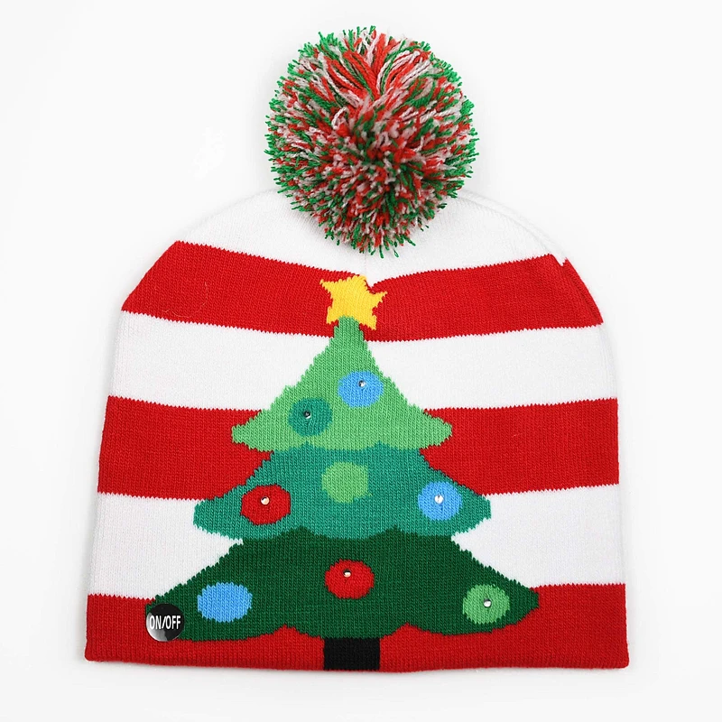 Winter Acrylic Pompom Deer Christmas Holiday Beanies With LED Lights
