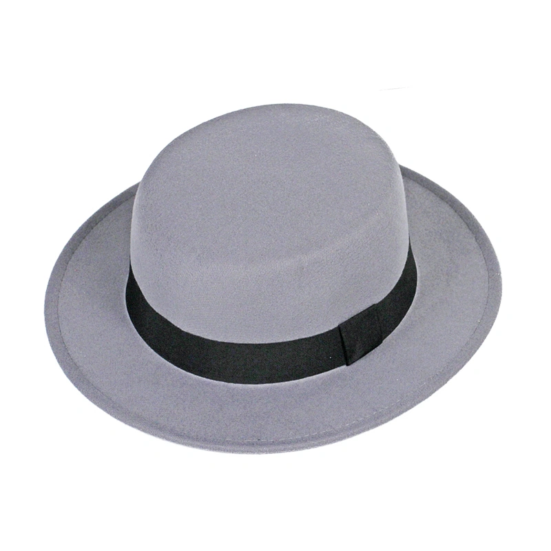Hot Selling Chinese Wholesale Grey color Felt Boater Ladies Hat with Ribbon Tape