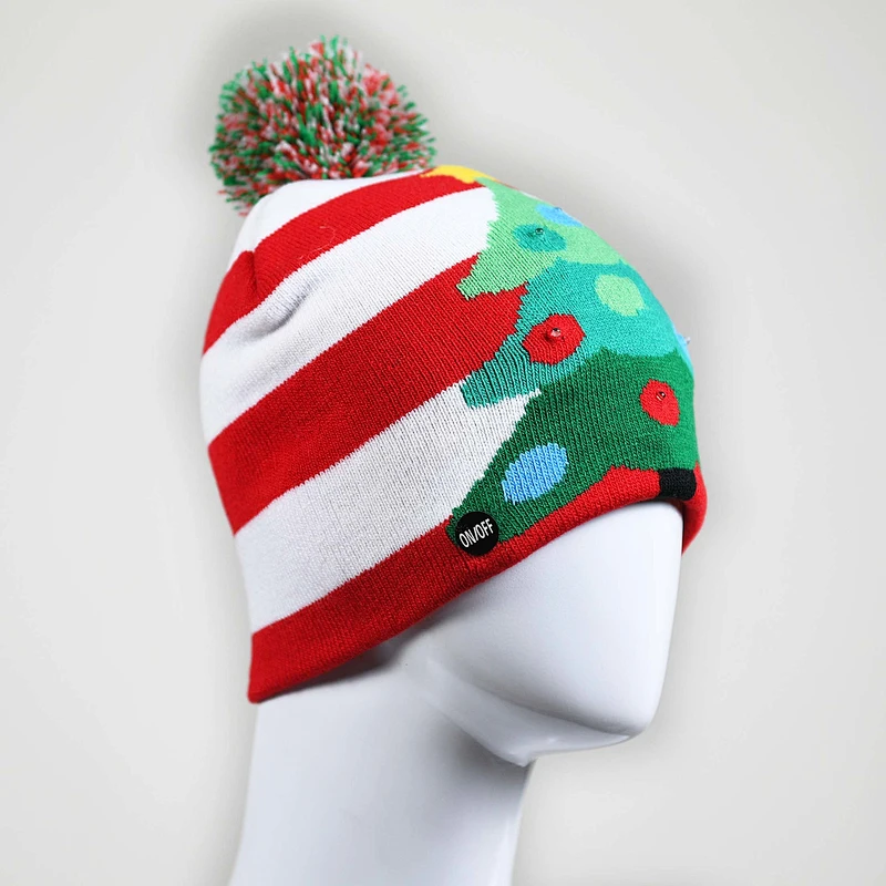 Winter Acrylic Pompom Deer Christmas Holiday Beanies With LED Lights