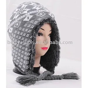 Knitted Jacquard Acrylic Helmet Cap with fake fur lining