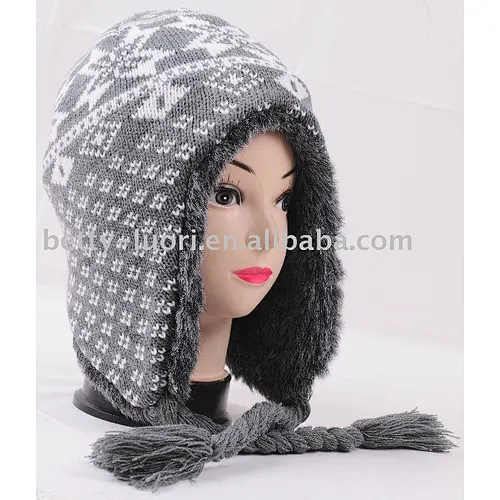 Knitted Jacquard Acrylic Helmet Cap with fake fur lining