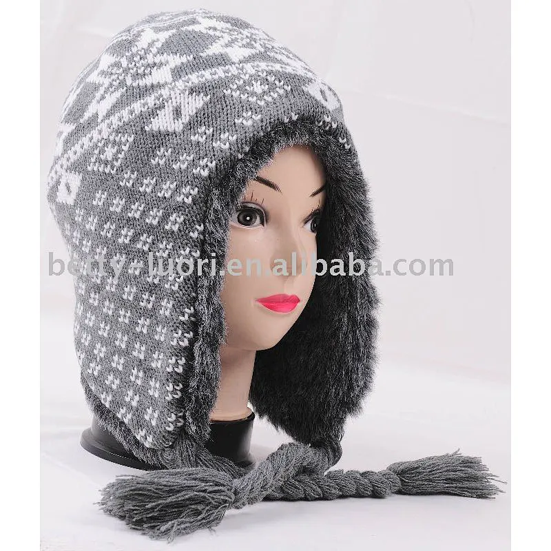 Knitted Jacquard Acrylic Helmet Cap with fake fur lining