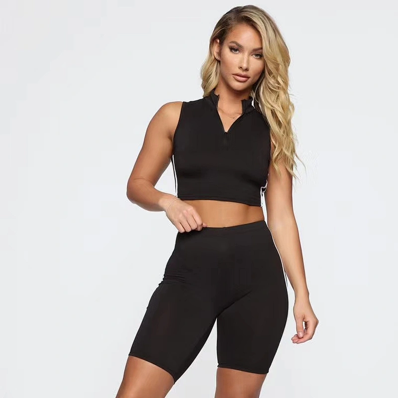 Women Tennis co-ord Mock Neck Zipper sleeveless Crop Top Biker Short Side Stripe 2 piece summer set