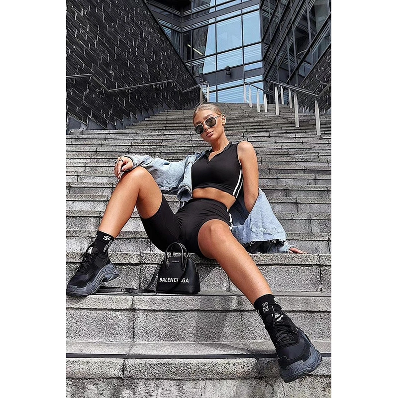 Women Tennis co-ord Mock Neck Zipper sleeveless Crop Top Biker Short Side Stripe 2 piece summer set