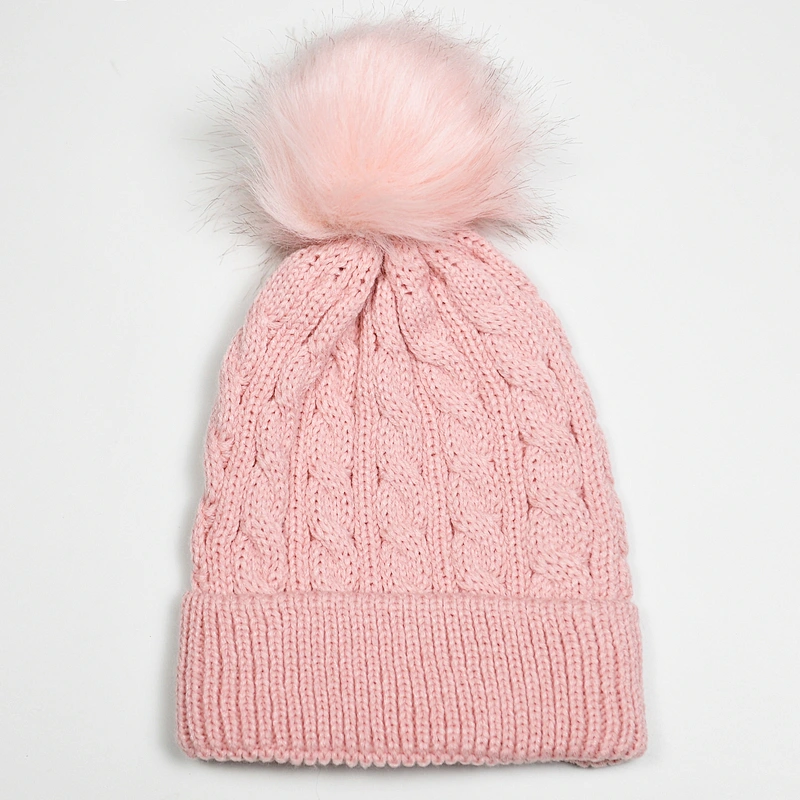 Kid's acrylic cable knitted w fake fur pompom beanie hat