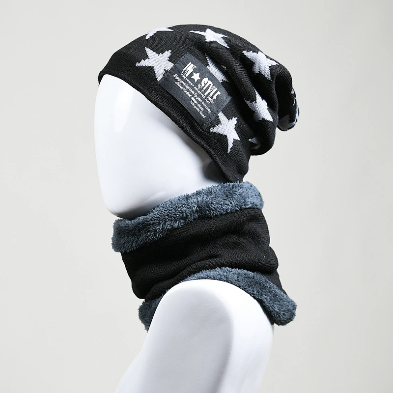 jacquard knitted acrylic w lining beanie hat neck scarf set