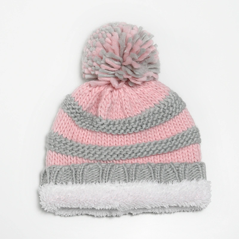 2020 Winter acrylic stripe knitted polar fleece lining beanie hat