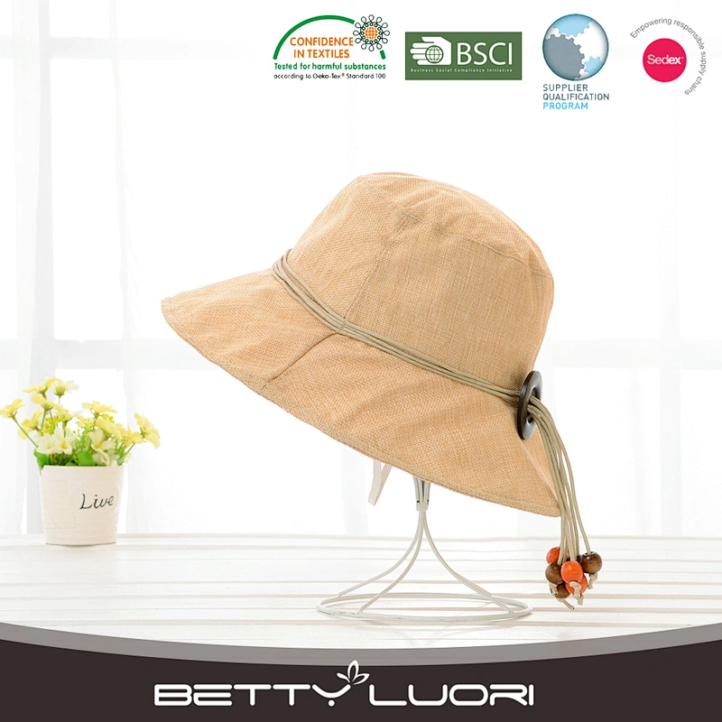 Ladies Fashion Custom Design Cheap 100% Polyester Plain Bucket Hat with string