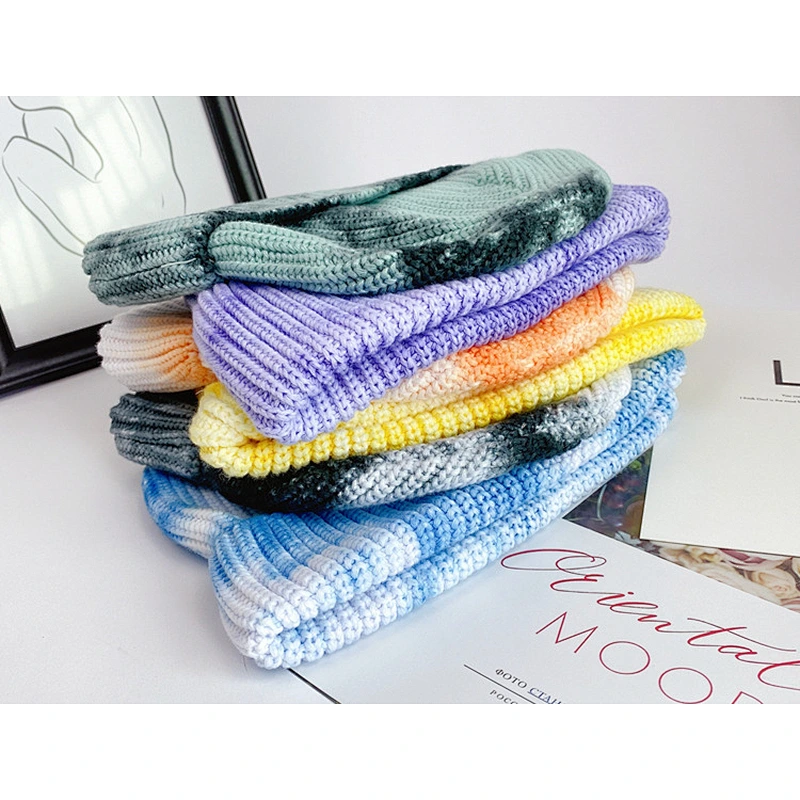 2020 Hotsale Unisex Winter Short Skullies Hat Women Tie Dye Warm Knitted Beanie