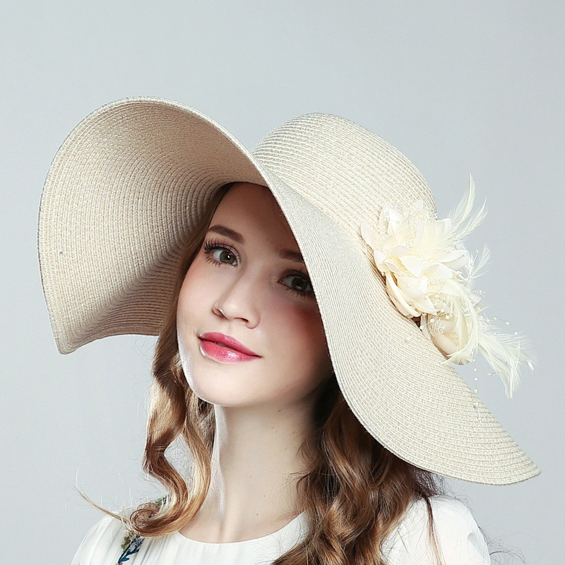 Newest Material Good Price Anti- Sunshine Big Brim Foldable And Breathable Free Sample Two Destachable Floral Pins Decoration