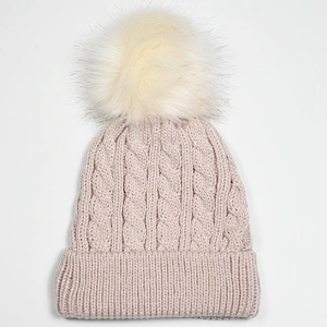 Kid's acrylic cable knitted w fake fur pompom beanie hat
