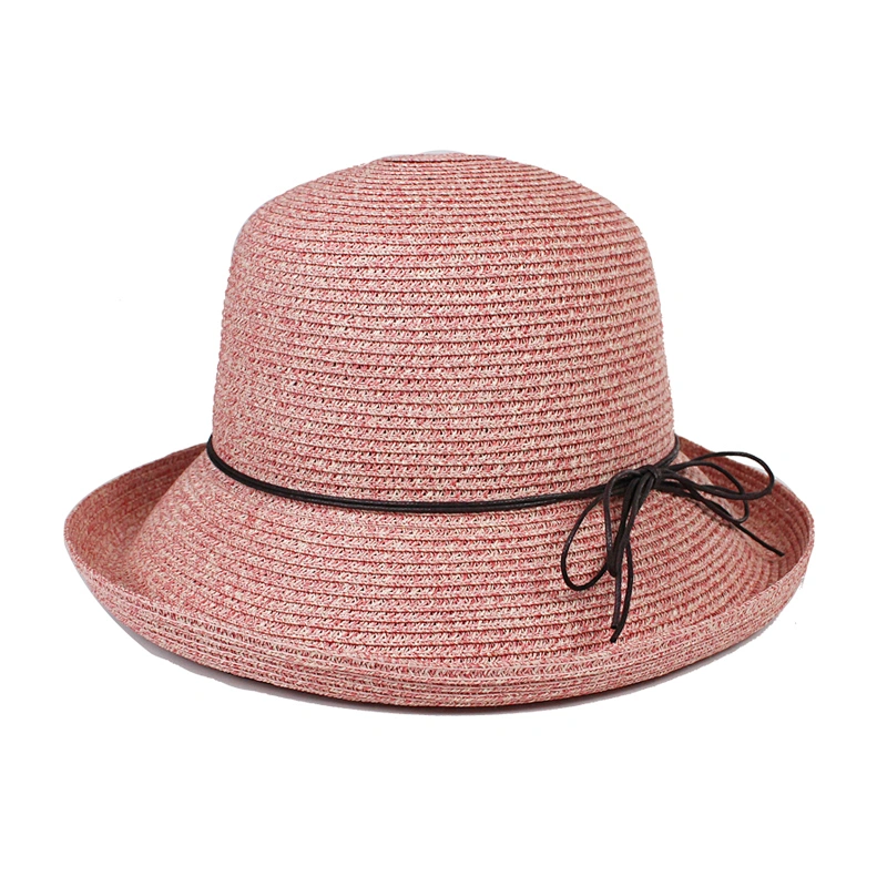 Summer Foldable Casual Straw Beach Hat With Leather Cord Bow