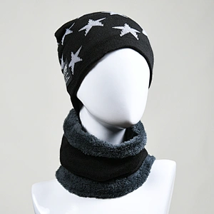 jacquard knitted acrylic w lining beanie hat neck scarf set