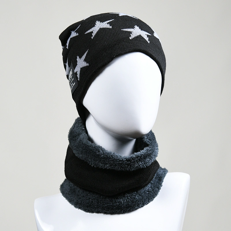 jacquard knitted acrylic w lining beanie hat neck scarf set