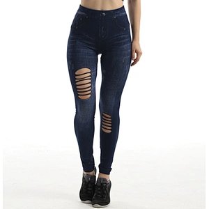 Cutout Ripped Denim Jeans Plus Size Ankle Yoga Pants Workout Tummy Control Skinny Pants Holes Long Tights Trousers
