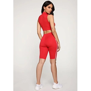 Women Tennis co-ord Mock Neck Zipper sleeveless Crop Top Biker Short Side Stripe 2 piece summer set