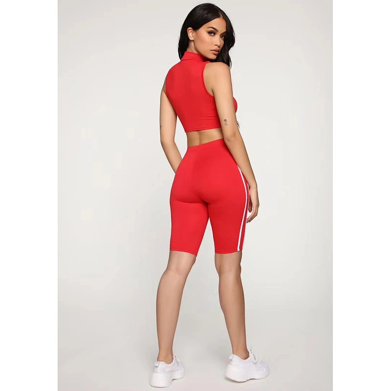 Women Tennis co-ord Mock Neck Zipper sleeveless Crop Top Biker Short Side Stripe 2 piece summer set