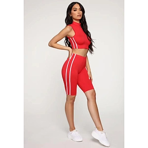 Women Tennis co-ord Mock Neck Zipper sleeveless Crop Top Biker Short Side Stripe 2 piece summer set