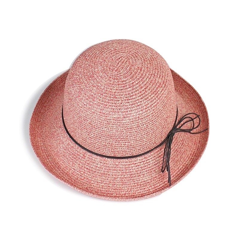 Summer Foldable Casual Straw Beach Hat With Leather Cord Bow