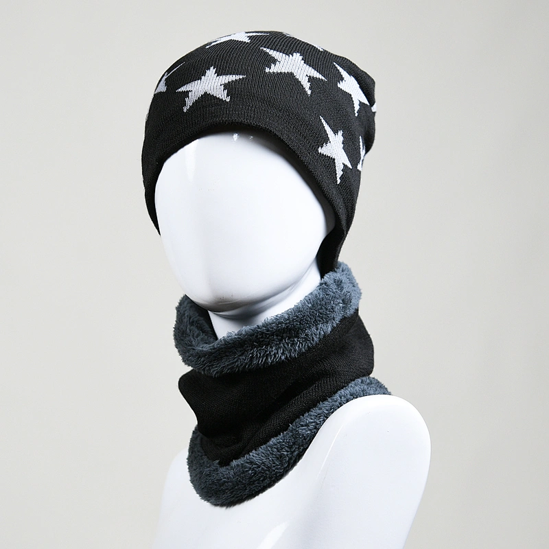 jacquard knitted acrylic w lining beanie hat neck scarf set