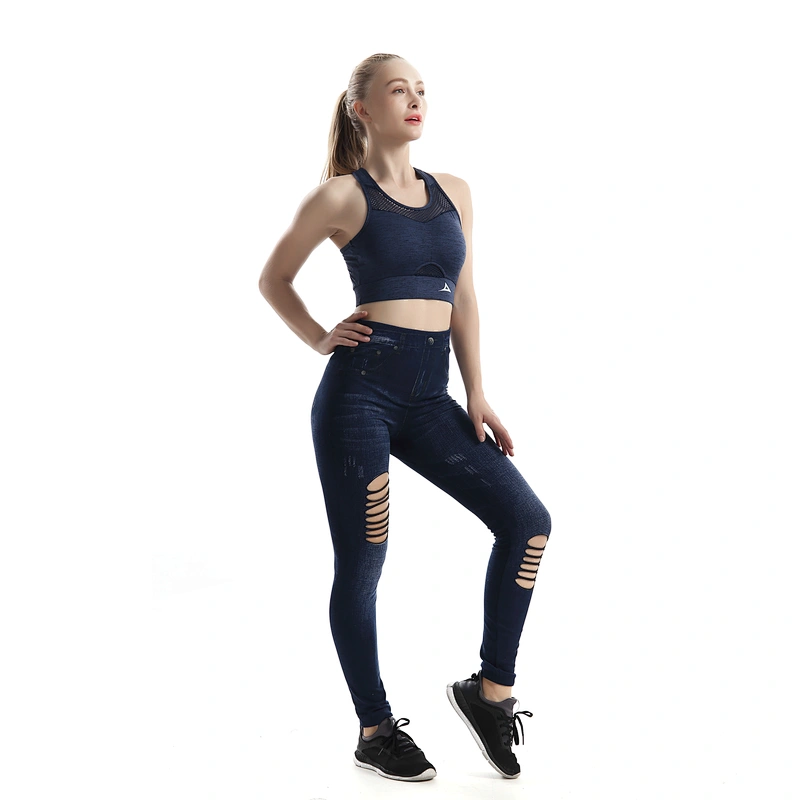 Cutout Ripped Denim Jeans Plus Size Ankle Yoga Pants Workout Tummy Control Skinny Pants Holes Long Tights Trousers