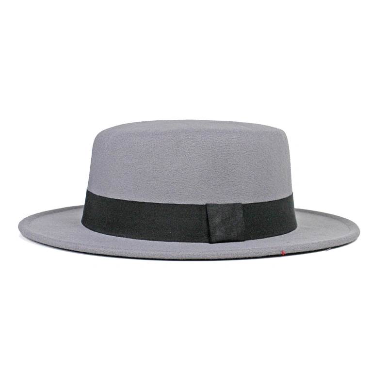 Hot Selling Chinese Wholesale Grey color Felt Boater Ladies Hat with Ribbon Tape