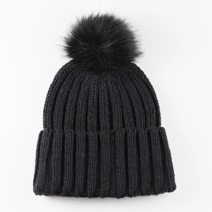 Ladies  knitted acrylic beanie hat w pompom