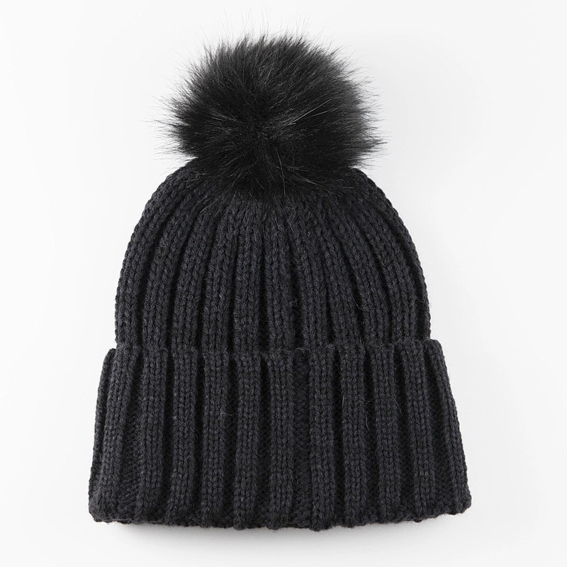 Ladies  knitted acrylic beanie hat w pompom