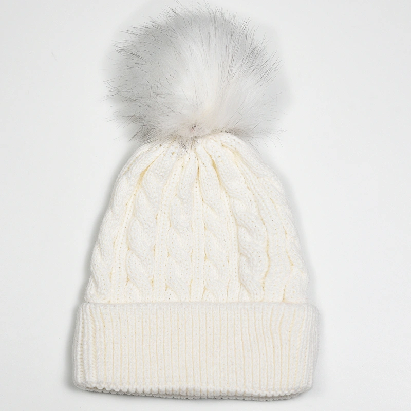 Kid's acrylic cable knitted w fake fur pompom beanie hat